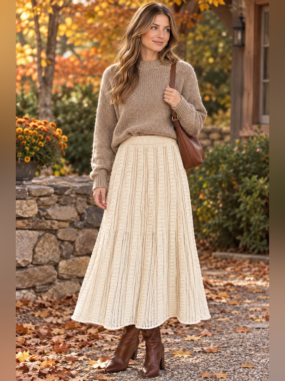 NWT Rachel Roy 100% Cotton Knit Midi Skirt Cream Open Knit Lined Small